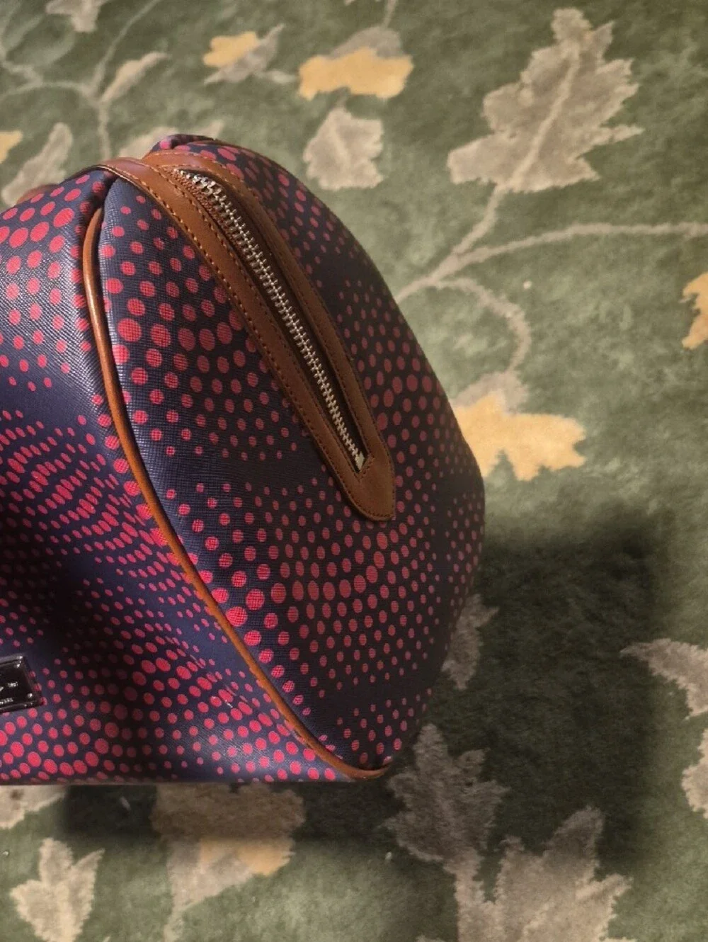 Polka Dot Weekender Bag - Navy & Pink with Brown Trim